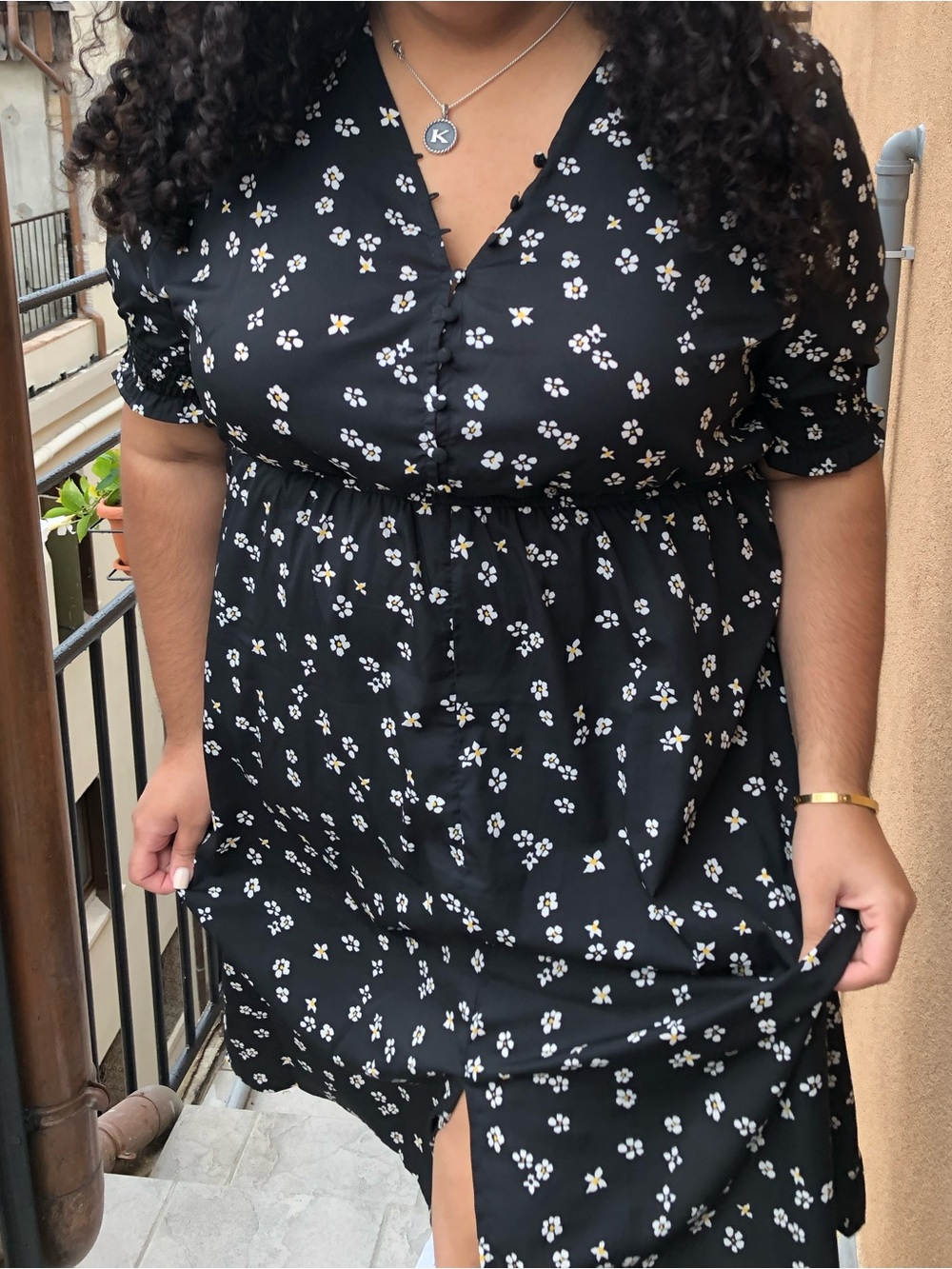 ASOS Influence Plus Size Black Midi Disty Floral Dress with Slit